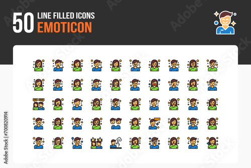 50 Emotion Character Line Filled Icon Sheet