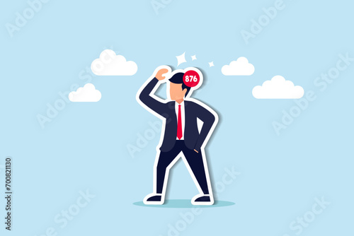Overworked, too many working problems and uncompleted tasks, stressed negative mental or anxiety concept, depressed businessman frustrated thinking about work with unfinished number on his head. photo