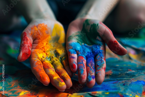 artistic photo featuring a close-up of hands painted with rainbow colors, symbolizing the diversity and uniqueness within the LGBTQ+ community in a minimalistic photo