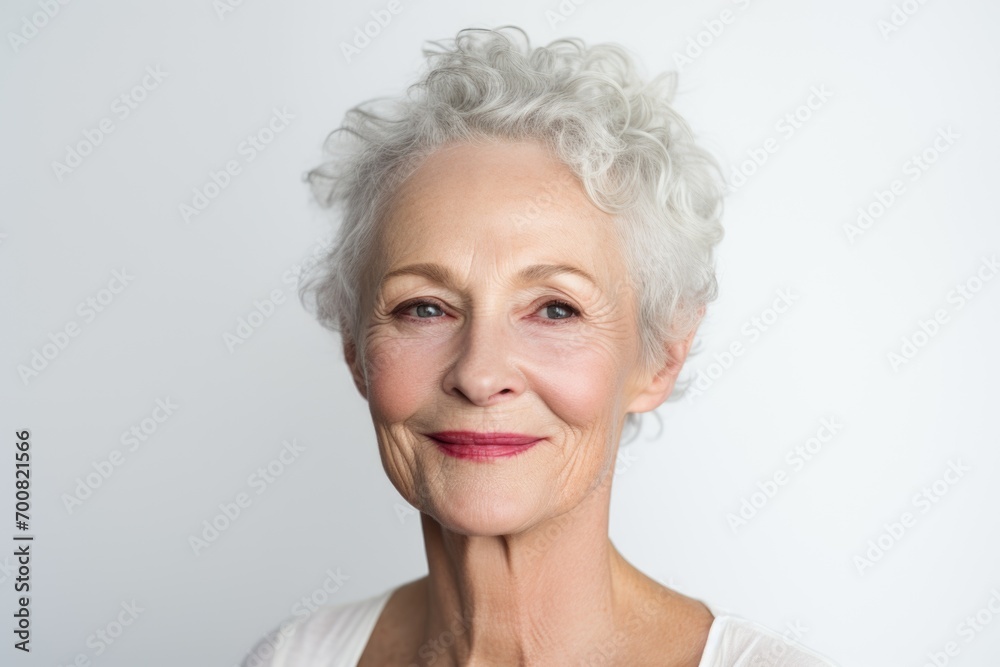 With a joyful expression, an elderly woman's smiling face shines against a background of pristine white