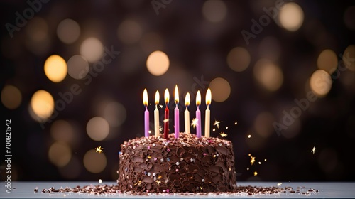 Chocolate birthday cake with candles, bokeh background with fairy lights. Copyspace graphic banner photo