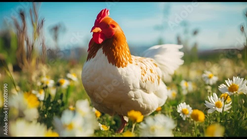 Chicken standing among daisies