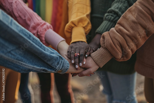 empowering photo capturing a diverse group of individuals holding hands and forming a human chain  symbolizing unity and strength in the LGBTQ  community in a minimalistic photo
