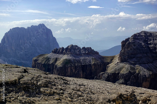 Summer view of Sella Towers and Piz Bo   from Passo Pordoi  Canazei  Dolomites  Italy