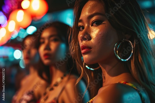 A mesmerizing close-up photo of Thai women looking directly into the camera lens against the backdrop of the city's nighttime allure