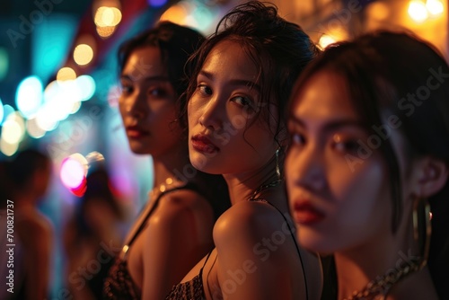 An intimate close-up photo that showcases the grace and beauty of Thai women as they make direct eye contact with the camera amidst the city's nocturnal ambiance
