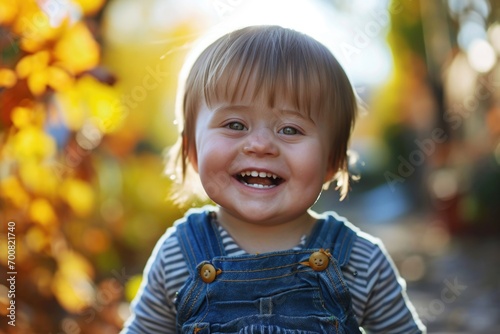 An endearing snapshot of a child with Down syndrome, making eye contact with the camera and sharing a heartfelt, cheerful smile
