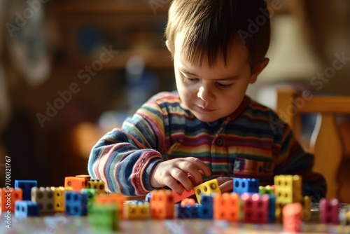 A heartwarming photo capturing a child with Down syndrome collecting blocks on the table, showcasing their curiosity and determination