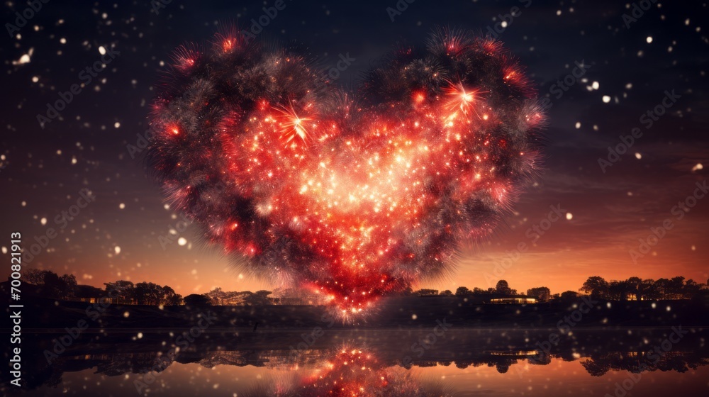 Fototapeta premium Explosions of Love: Mesmerizing Heart Firework Illuminates the Night Sky with Passion and Joy