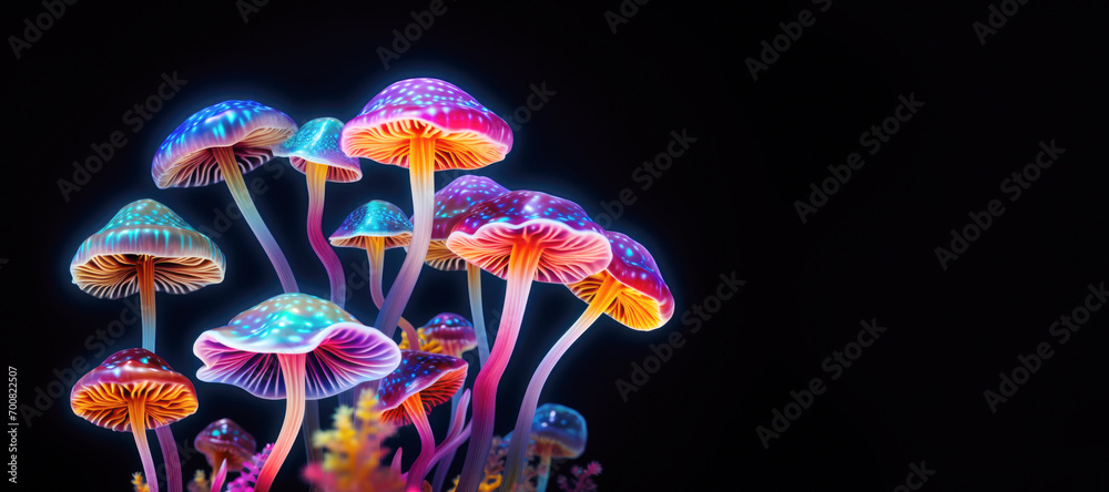 Glowing Decorative Colorful Mushrooms Isolated on Black Background Banner