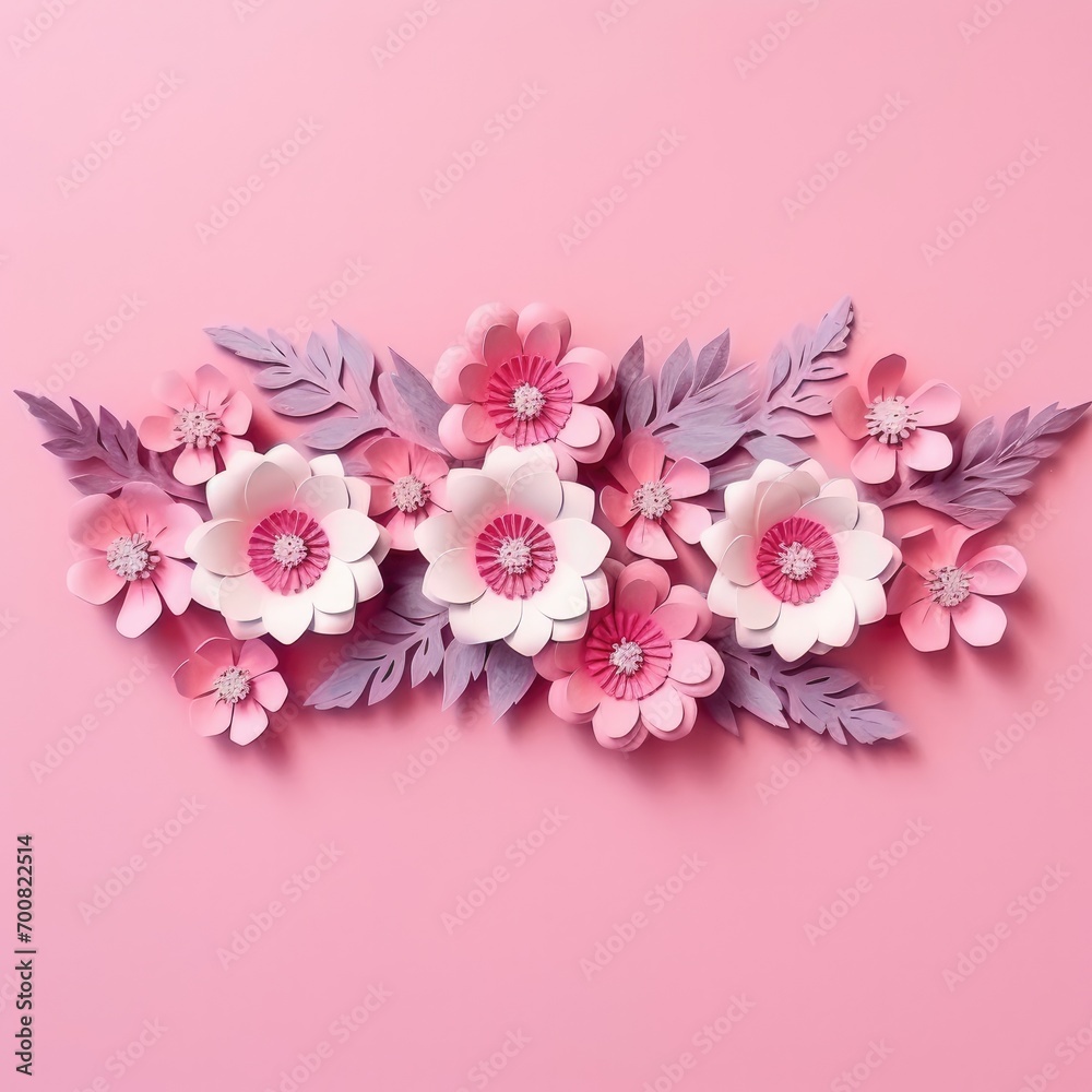 Pink and purple 3D paper cut flowers, on pink background. Graphic background with copyspace
