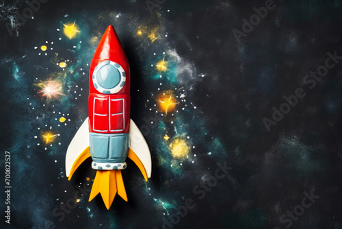 Toy Colorful Rocket Flying in Space Galaxy Background with Copy Space