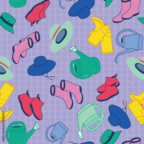 A lavender lattice textured background with scattered pink, yellow, blue, teal, red, and pink gardening hats, rubber, boots, and watering cans creating a vector repeat seamless pattern design.