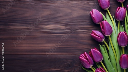 Purple tulips on wooden background, graphic banner with copyspace #700822951