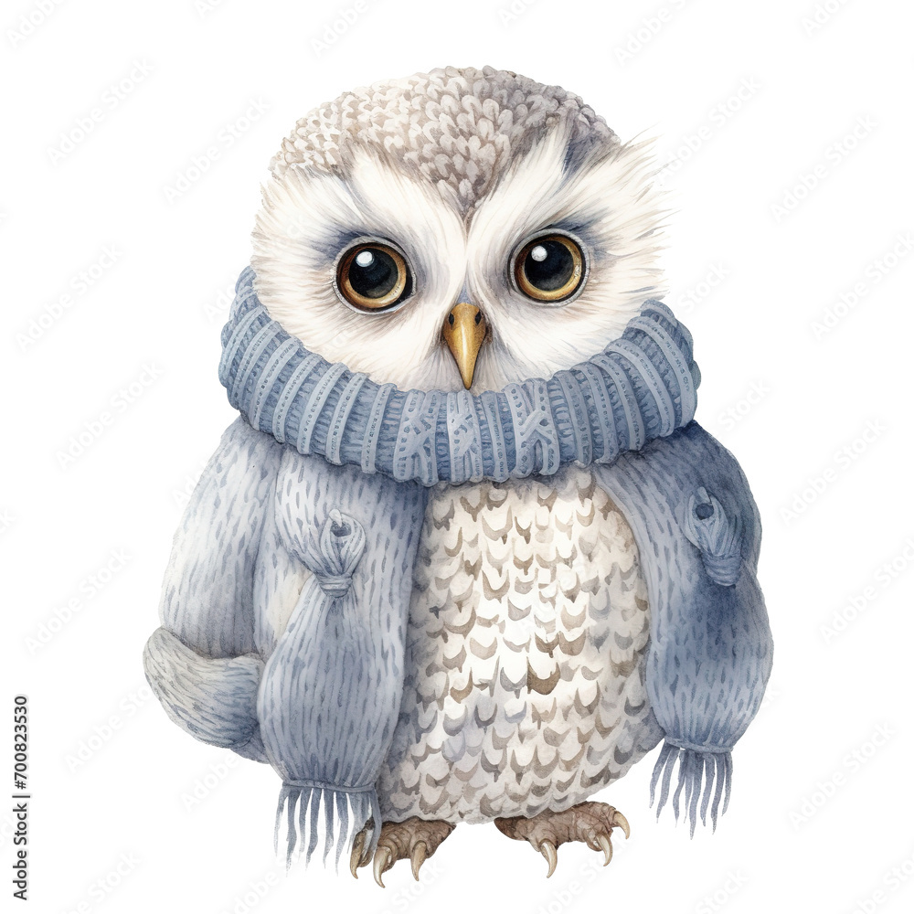 Fototapeta premium Owl Wearing Winter Clothes For Christmas Event. Watercolor Style. AI Generated