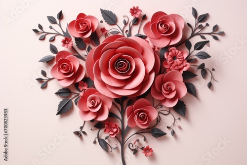 Love Blossoms  Exquisite Rose Heart Paper Cut Illustration in Captivating Flat Style