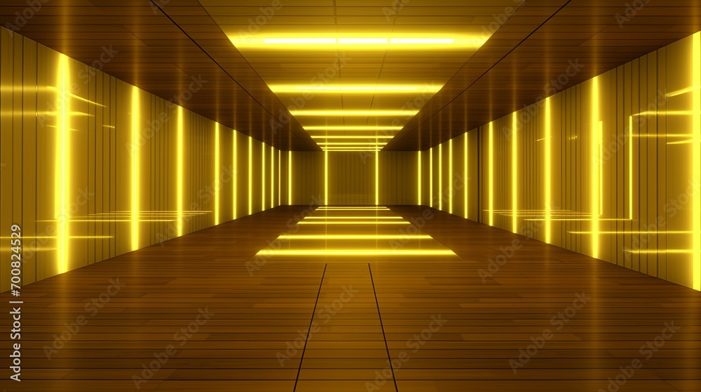 Futuristic corridor with glowing yellow lights and a wooden floor, suitable for sci-fi themes and modern architecture visuals