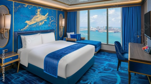 Opulent cruise ship bedroom with ocean view; ideal for travel luxury or hospitality industry photo
