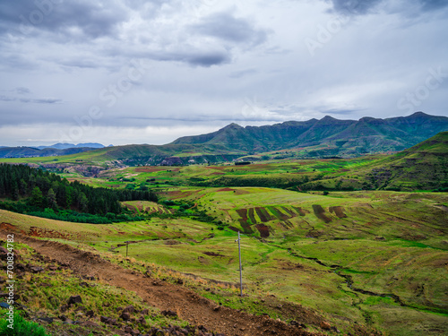 Agricultural land in a valley surrounded by mountain peaks, the mountain kingdom of Lesotho