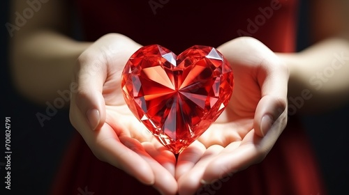 Radiant Love: Mesmerizing Woman Showcasing a Red Diamond Heart - Captivating Stock Image