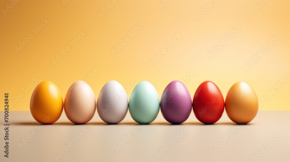 Easter painted colorful eggs in row on light blue green gradient background. Banner with copy space. Ideal for Easter promotions, spring events, holiday greetings, advertisements, festive content. Easter painted colorful eggs in row on light blue green gradient background. Banner with copy space. Ideal for Easter promotions, spring events, holiday greetings, advertisements, festive content.