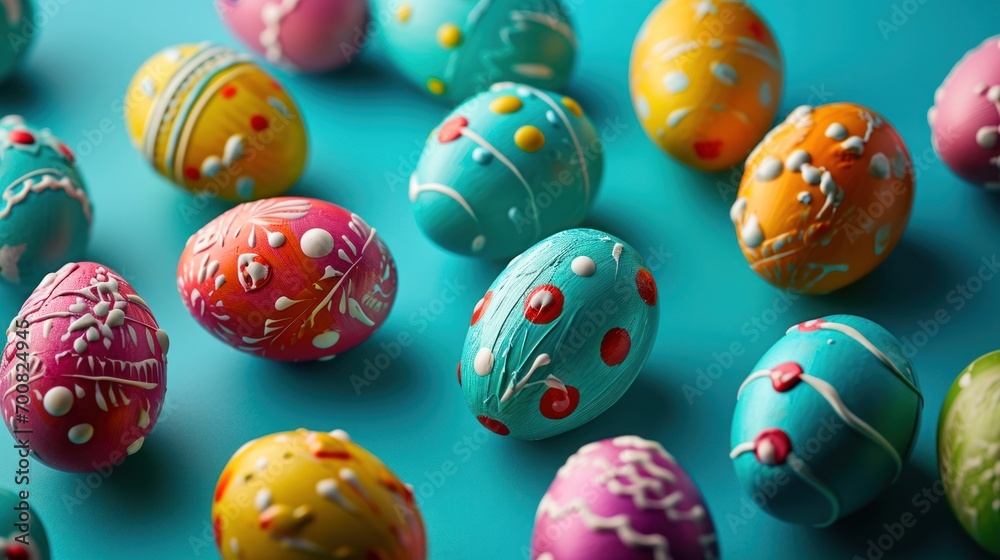 Colorful painted Easter Eggs with various patterns on Blue Background. Ideal for Easter promotions, spring events, holiday greetings, advertisements, festive content. - obrazy, fototapety, plakaty 