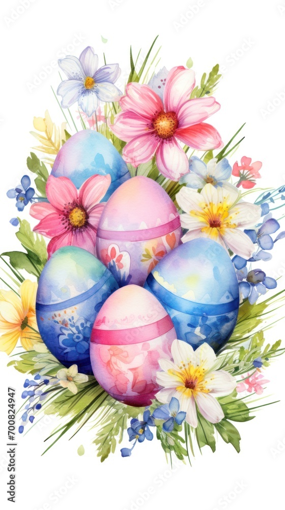 Watercolor Easter painted Eggs with flowers on white background. Perfect for Easter promotion, spring event, holiday greeting, postcard. Vertical format