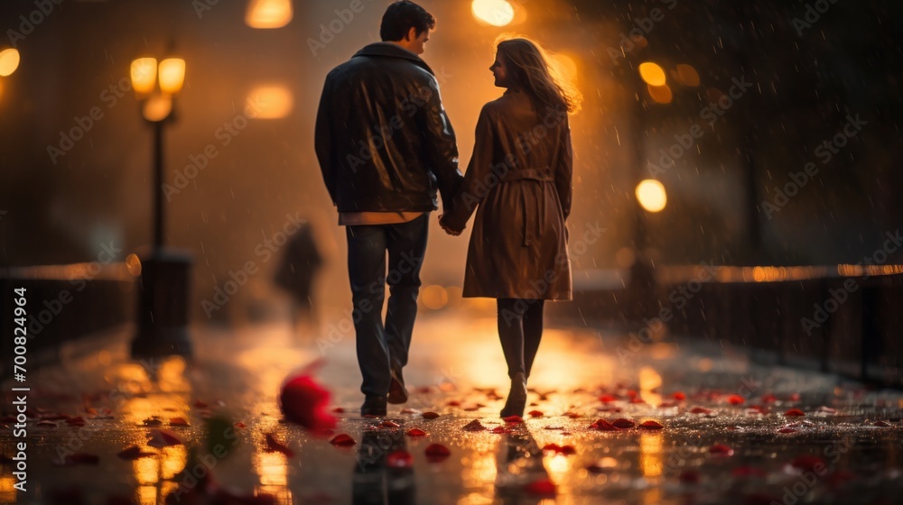 Enchanting Love: A Blissful Couple Embracing Romance in the Night, Illuminated by Bokeh Lights
