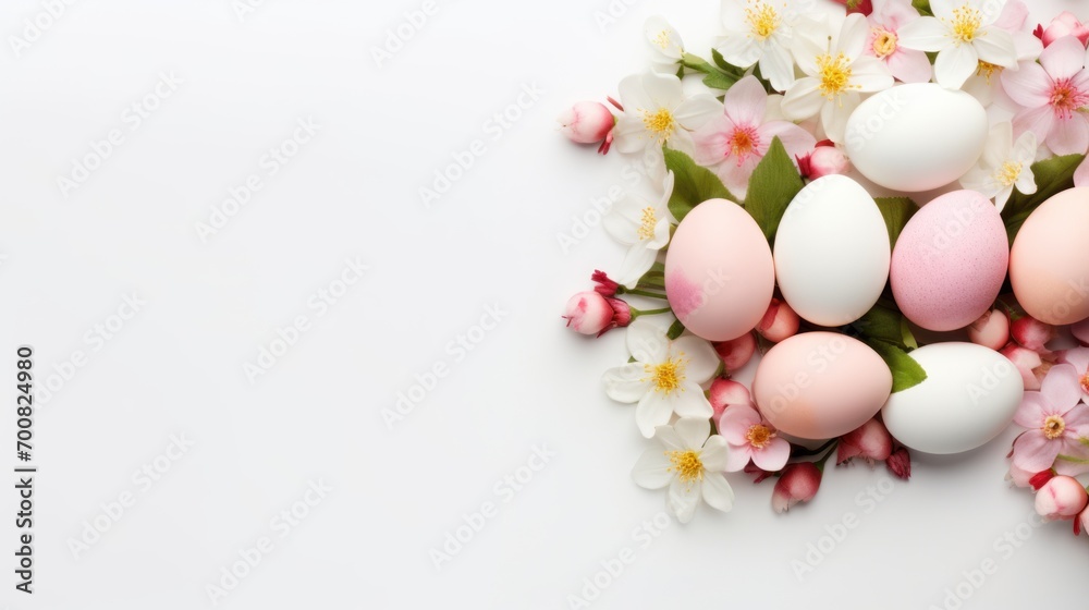 Easter painted Eggs with flowers on white background. Banner with copy space. Ideal for Easter promotion, spring event, holiday greeting, advertisement. festive content. Easter painted Eggs with flowers on white background. Banner with copy space. Ideal for Easter promotion, spring event, holiday greeting, advertisement. festive content.