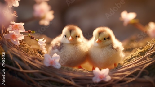 Leinwand Poster Small chicks in a nest surrounded by spring blossoms
