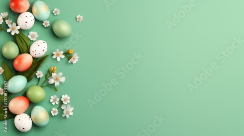 Frame background with Easter painted Eggs with flowers on green gradient background. Banner with copy space. Ideal for Easter promotion, spring event, holiday greeting, advertisement