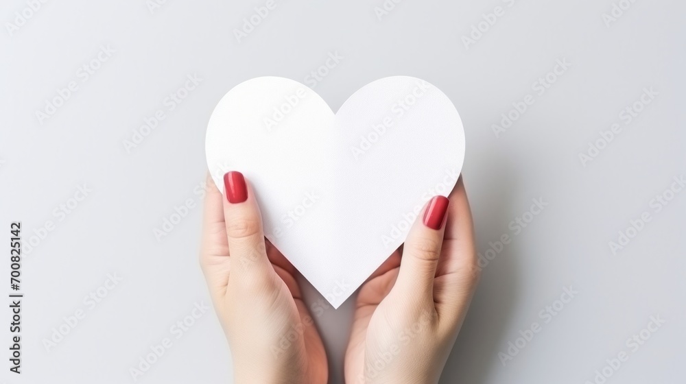 Fototapeta premium Love in the Palm: A Tender Gesture of Affection Captured in a Delicate Paper Heart on a Serene White Background