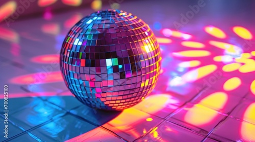 A classic Neon disco ball reflects colorful lights on a dance floor, ideal for party and event themes.