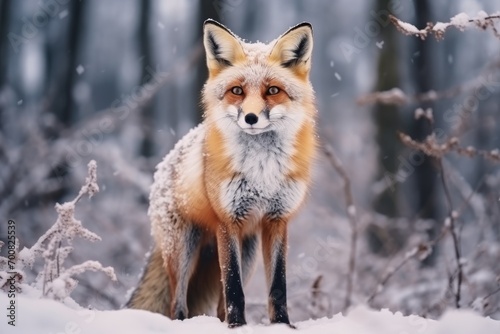 Red fox in winter. Portrait of red fox, Vulpes vulpes, standing in winter forest in snowfall.