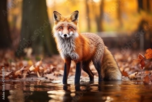 Red fox standing in water in colorful autumn nature.