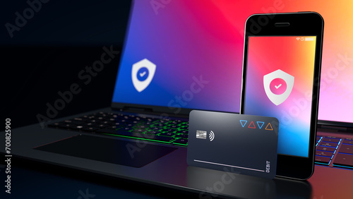 Cash card and high end mobile phone and notebook for secure online banking, money transfers and remittances - 3d illustration