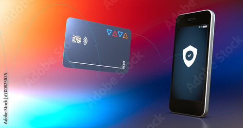 Cash card and high end mobile phone for secure online banking, money transfers and remittances - 3d illustration photo