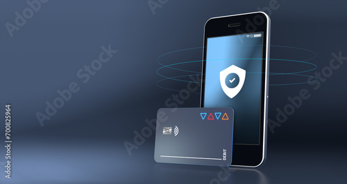 Cash card and high end mobile phone for secure online banking, money transfers and remittances - 3d illustration photo