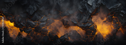 the black and gold volcanic rocks texture and smoke	
 photo