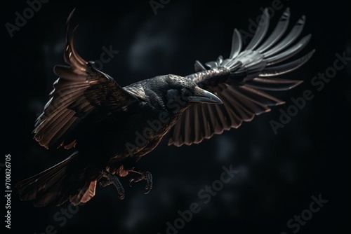 An image of a solitary dark raven in flight. Generative AI photo