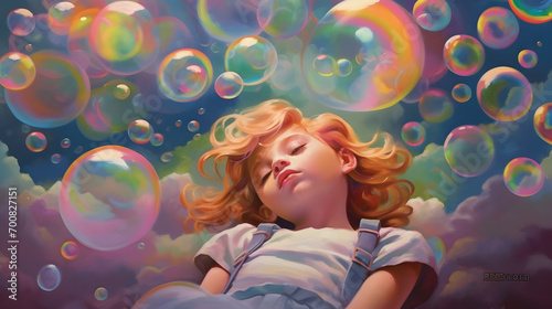 a girl lying and dreaming in the world of colorful bubbles 