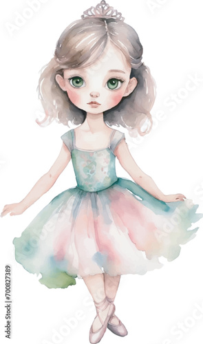 Watercolor cute ballerina dancer with a fluffy dress