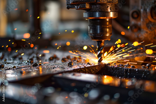 Drill in industrial setting, a composition capturing a drill being used in an industrial environment, highlighting the tool's versatility in heavy-duty applications.