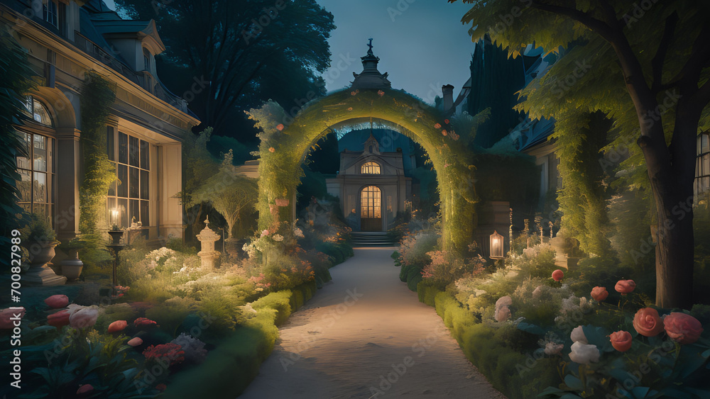 Garden courtyard entrance to a large estate at night