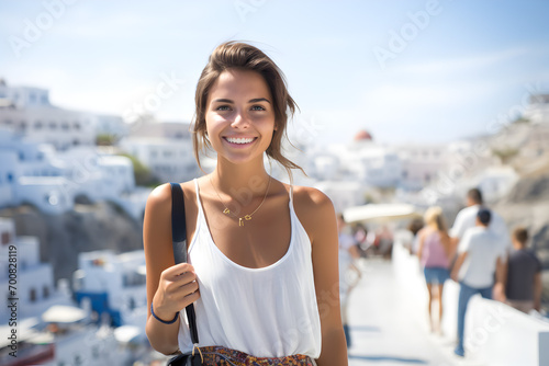 Social Media Female Travelling Influencer standing on the street and smiling