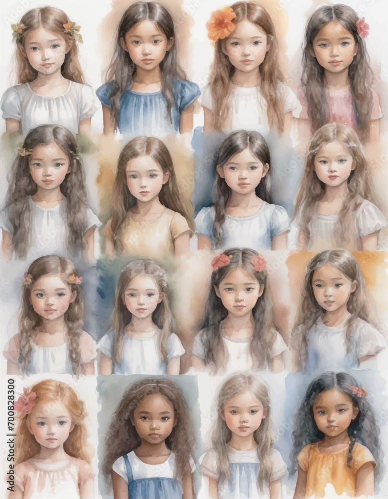 Illustration of several little girls of different nationalities 