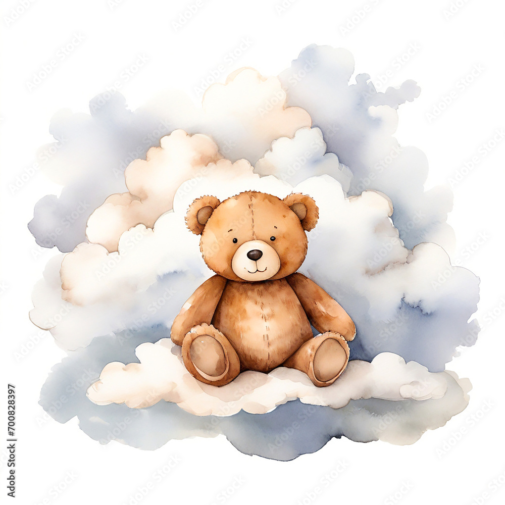 Cute Teddy Bear In The Clouds, Watercolor Illustration With White Background Cute Teddy Bear In The Clouds, Watercolor Illustration With White Background