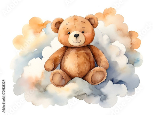 Cute Teddy Bear In The Clouds, Watercolor Illustration With White Background