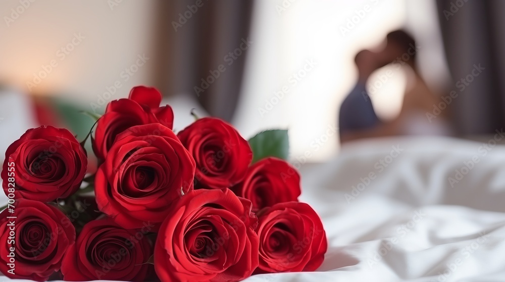 Fototapeta premium Passionate Love Blooms: Mesmerizing Red Roses Frame an Intimate Bedroom Kiss