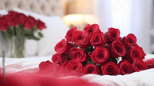Passionate Love Blooms: Mesmerizing Red Roses Frame an Intimate Bedroom Kiss